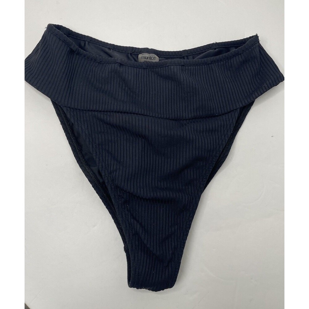 Montce Women's Medium Black Ribbed High Rise Swim Bottom Scrunch Back